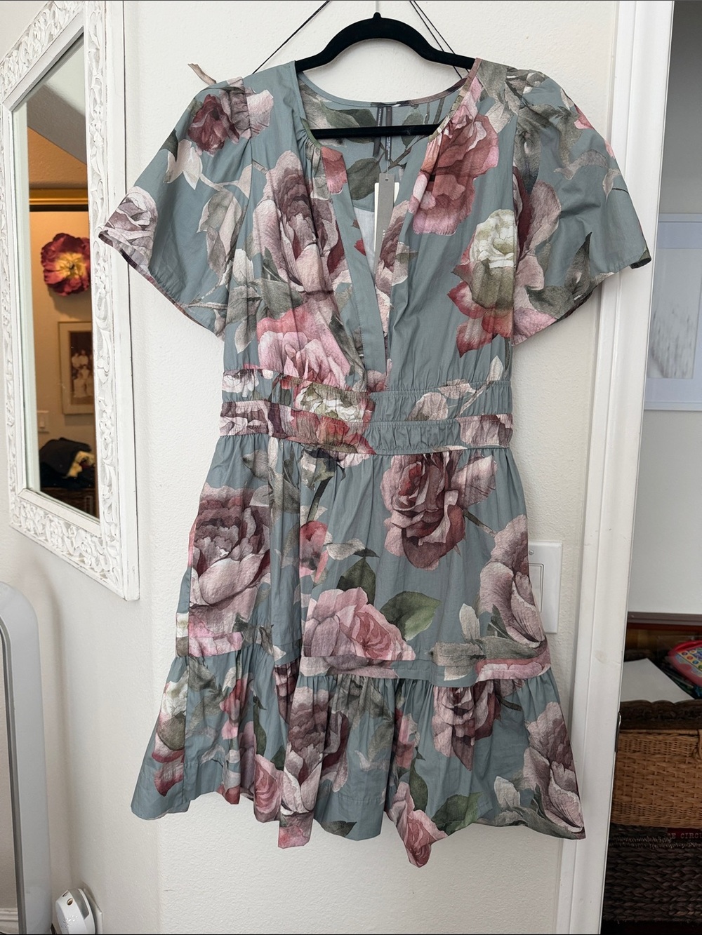 Anthropologie Somerset Floral Tiered Mini Dress in Dusty Blue/grey and Pink